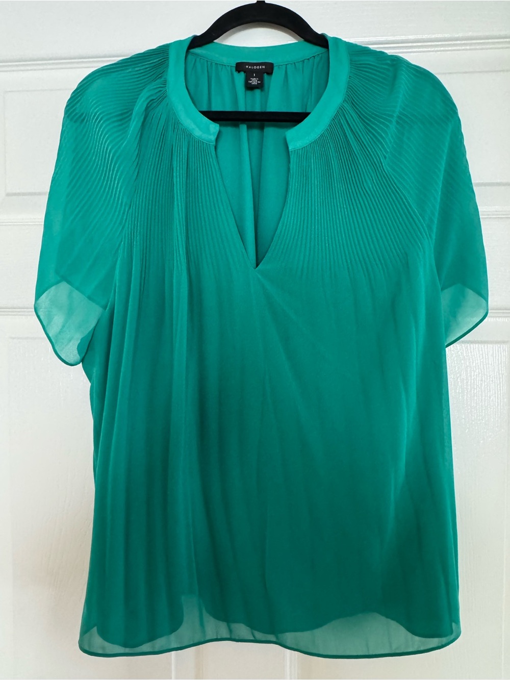 Halogen Teal Pleated Yoke Short Sleeve Blouse
